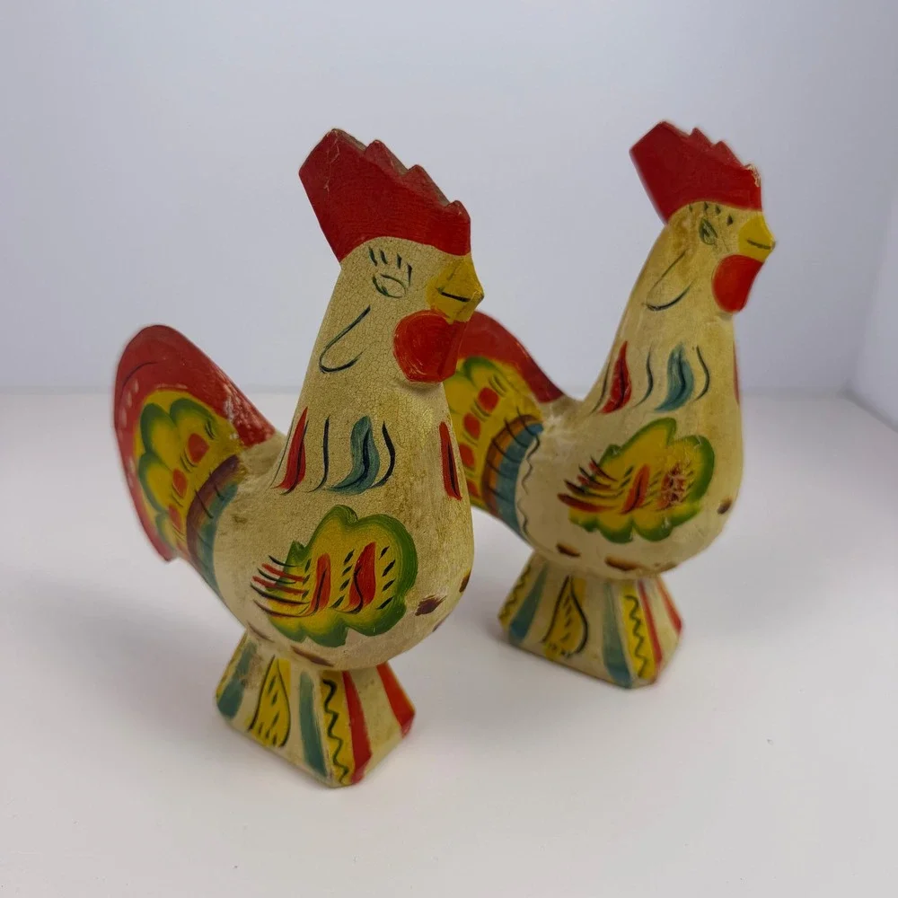 Swedish Dala Vintage Folk Art Cottagecore Home Decor Rooster Figurine Pair Wood